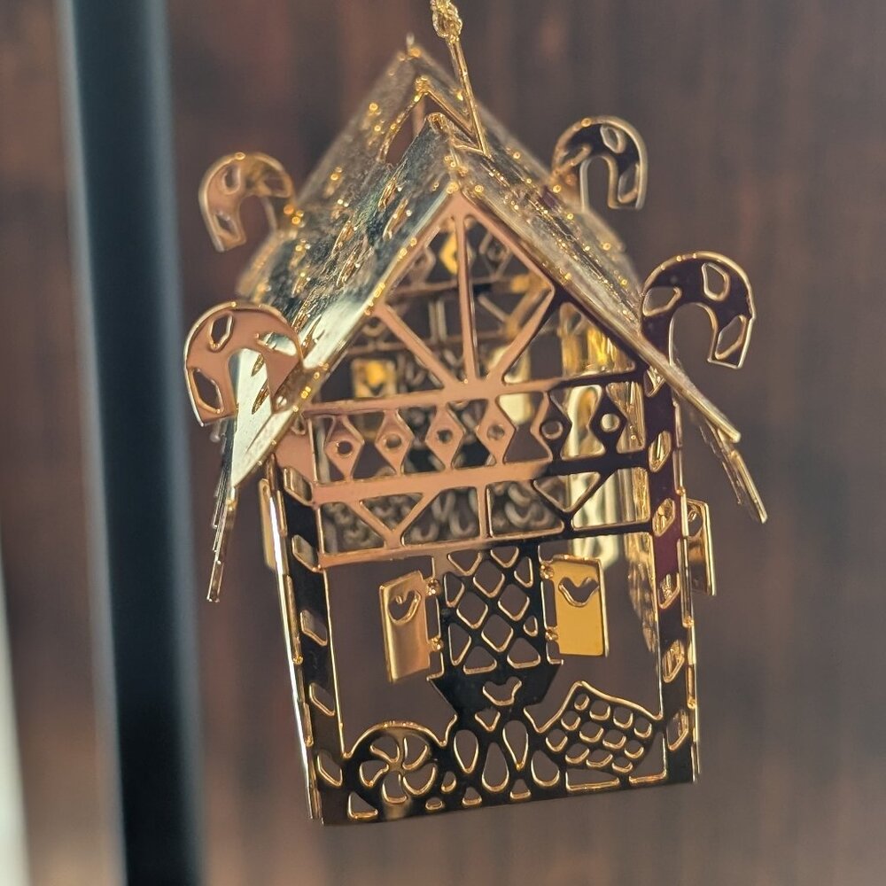 Vintage "Candy Cane Gingerbread House" Intricate 3D Gold Ornament, Danbury Mint